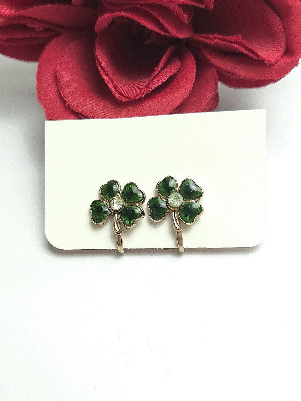 Vintage Green Enamel & Crystal 4 Leaf Clover Screw Back Earrings